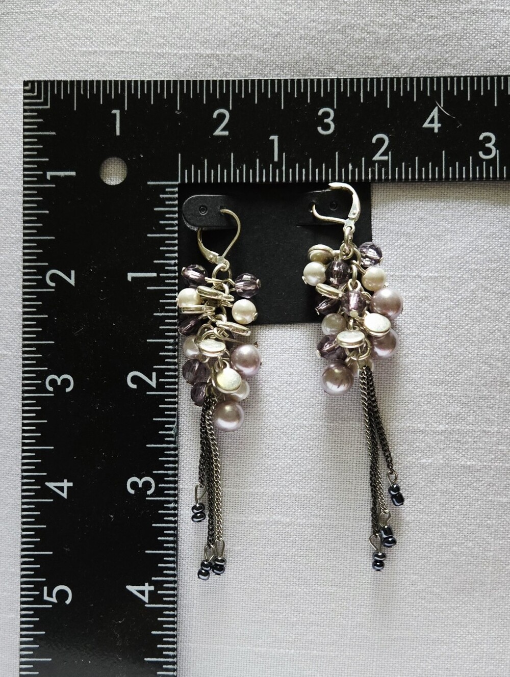 Vintage Fuax Pearl & Purple White Bead Cluster Dangle Earrings - Picture 11 of 16